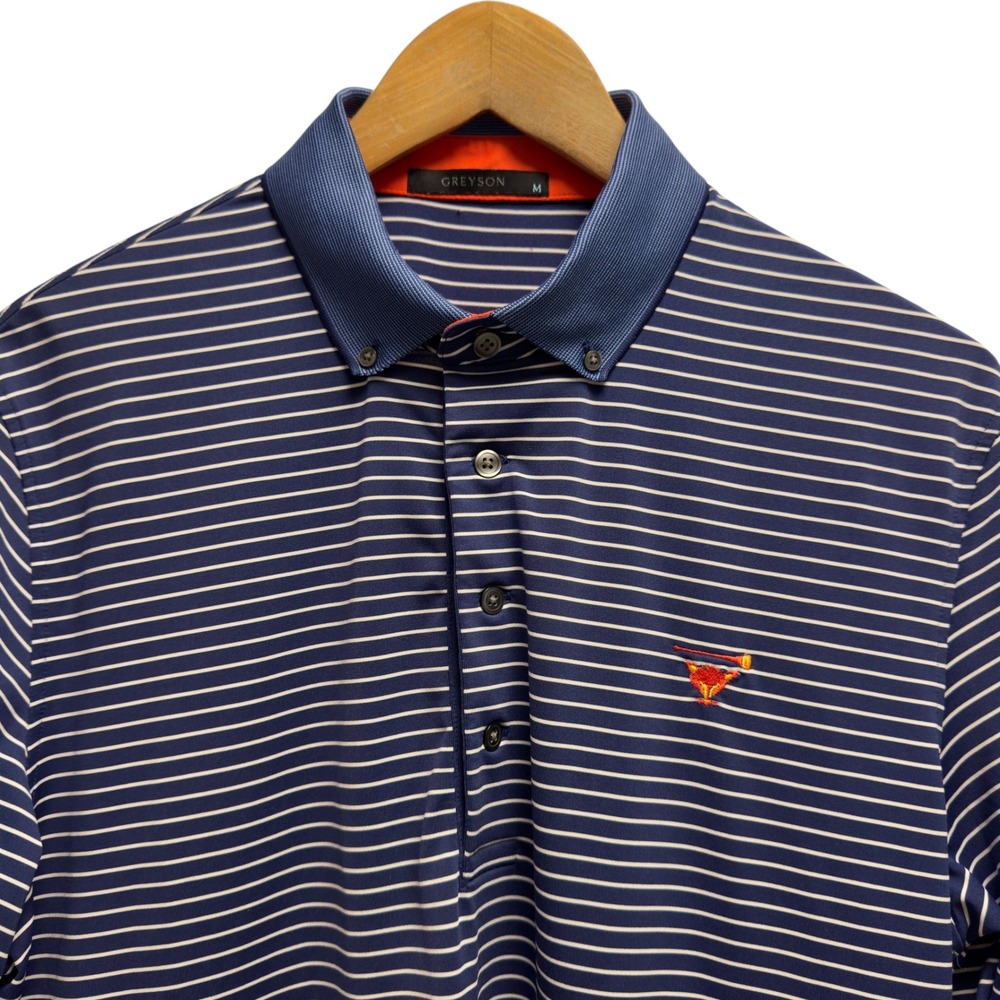 Greyson Mens Medium Blue Striped Performance Myopia Hunt Fox Golf Polo Shirt euc